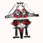 Sexy lingerie embroidery flower tie cross hollow perspective five piece set