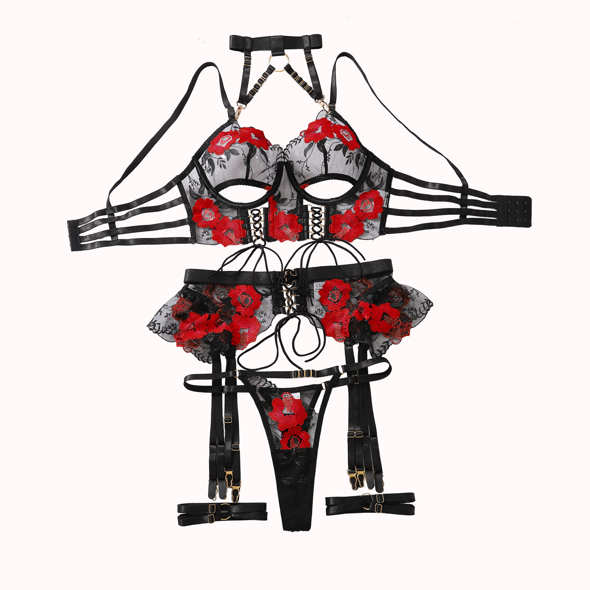 558092461 Sexy lingerie embroidery flower tie cross hollow perspective five piece set - imagine 1