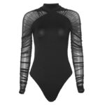 Round neck mesh see through slim fit sexy long sleeved trendy hot girl jumpsuit - imagine 5