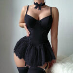 Cross-border Pure Desire Shapewear Jumpsuit with Suspender Stockings Set Erotic Lingerie Sexy Mesh Bow Suspenders Lace Dress