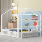 Full Size Wood House Bed with Fence and Detachable Storage Shelves, White - imagine 10