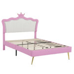 Full Size Upholstered Bed Frame with LED Lights, Modern Upholstered Princess Bed with Crown Headboard, Pink+White - imagine 11