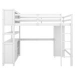 Wood Loft Bed with Cabinet and Bookshelf, Full Size Loft with Wardrobe and Desk for Kids,White - imagine 15