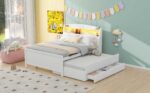 Full Size Platform Bed with Storage LED Headboard  Twin Size Trundle and 3 Drawers White - imagine 3