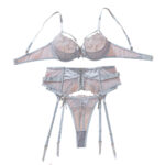 Embroidered mesh splicing sexy lingerie three piece set with steel ring
