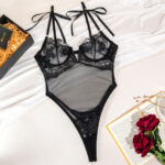 Lace Embroidered Sheer Bodysuit with V-Neck and Push-Up Bra - imagine 5