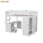 Wood Full Size Loft Bed with Wardrobes and 2-Drawer Desk with Cabinet, White - imagine 9