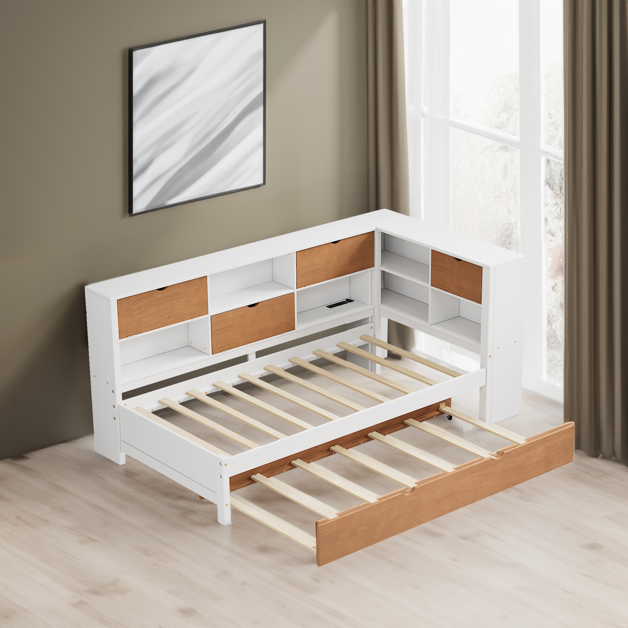558113278 L-shaped bed frame with luggage and bookshelf, corner bed wooden captain's bed LED tube light and USB port walnut and white - imagine 1