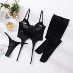 Dnika Lingrie Sexy Lingerie One-Piece Steel Ring Mesh Hollow Transparent Set with Stockings - imagine 6