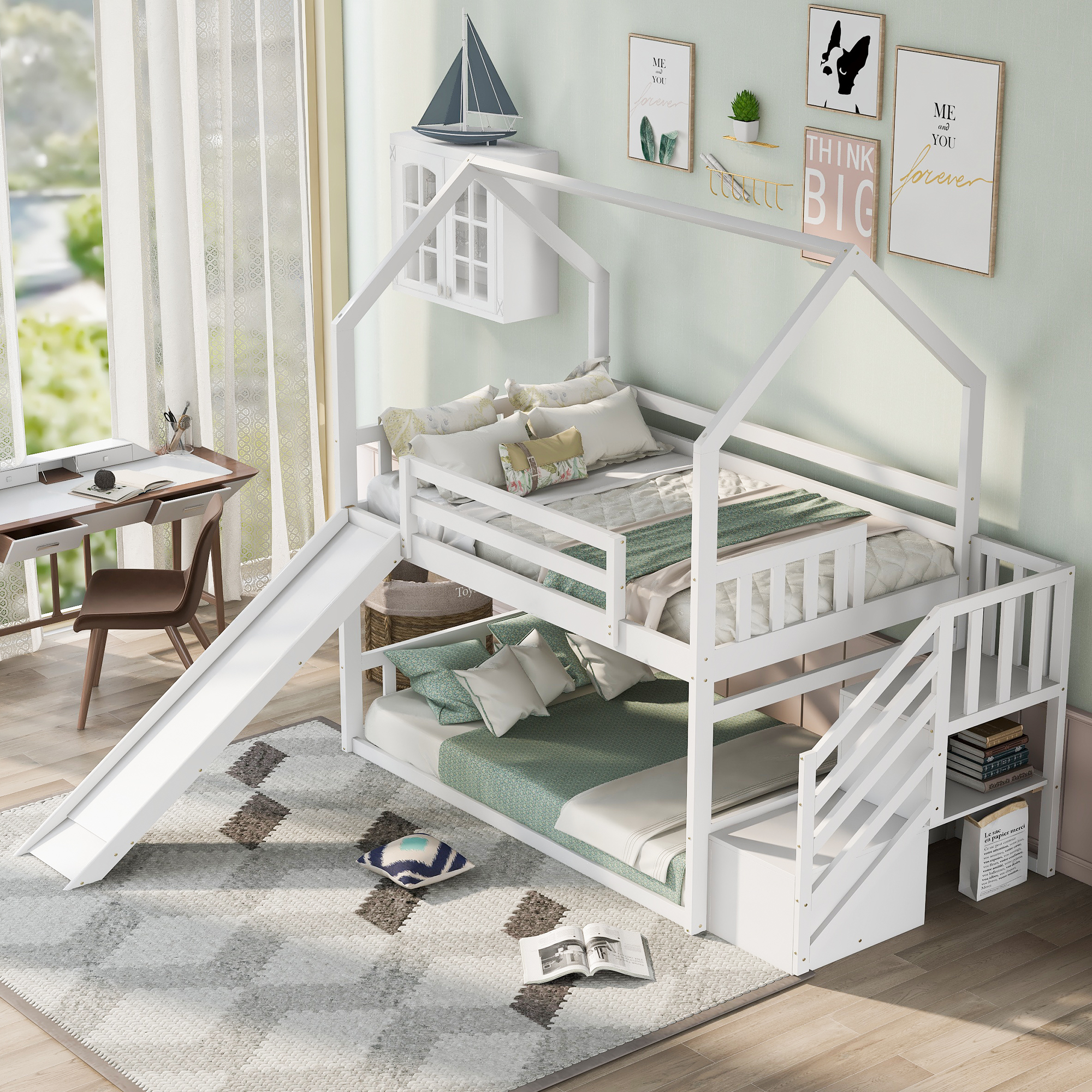 558113192 Twin over Twin House Bunk Bed with Convertible Slide,Storage Staircase,White - imagine 1