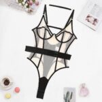 High elasticity mesh contrasting color bandage tight fitting perspective lingerie suspender jumpsuit - imagine 5