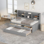 Twin Size Wooden Captain Bed with Built-in Bookshelves,Three Storage Drawers and Trundle Light Grey - imagine 2