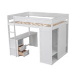 Wood Full Size Loft Bed with Wardrobes and 2-Drawer Desk with Cabinet, White - imagine 17