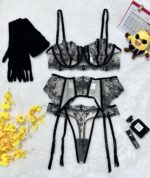 Floral Embroidery Patchwork Sheer Mesh Sexy Lingerie Set for Women - imagine 5