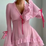 Sexy Mesh Sheer Long Sleeve Ruffle Hem Nightgown Set