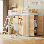 Twin Size Loft bed with L-shape Desk and Wardrobe, White - imagine 5