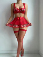Red Embroidered Perspective Temptation Underwear Set Three Piece Set - imagine 6