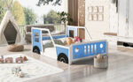Full Size Classic Car-Shaped Platform Bed with Wheels,Blue - imagine 5