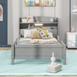 Wood Twin Size Platform Bed with Built-in LED Light Storage Headboard and Guardrail Antique Grey - imagine 2