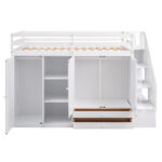 Functional Loft Bed with 3 Shelves, 2 Wardrobes and 2 Drawers, Ladder with Storage, No Box Spring Needed, White - imagine 14