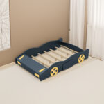 Full Size Race Car-Shaped Platform Bed with Wheels and Storage, Dark Blue+Yellow