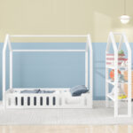 Full Size Wood House Bed with Fence and Detachable Storage Shelves, White - imagine 9