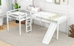 L-Shaped Twin Size Loft Bed with Ladder and Slide, White - imagine 10