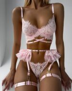 Mesh perspective splicing cross sexy garter belt nightclub three piece set - imagine 2