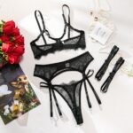 Sexy Black Lace Hollow-out No-removal Passion Temptation Erotic Underwear Four-piece Set - imagine 6