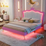 Full Size Upholstered Bed Frame with LED Lights, Modern Upholstered Princess Bed with Crown Headboard, Pink+White - imagine 5