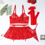 Muse New European and American Style Sexy Lingerie Red Lace Transparent Four-Piece Set Festival Dress for Women - imagine 6