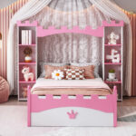 Castle-Shaped Wooden Bed with Storage Shelf, Dreamy Twin Size Platform Bed for Kids Bedroom, White + Pink - imagine 5