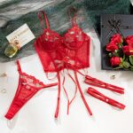 Summer Red Floral Embroidery Sexy Lingerie Push-up Comfortable Adjustable Straps Luxury Two-piece Set - imagine 6