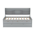 Twin Size Wooden Captain Bed with Built-in Bookshelves,Three Storage Drawers and Trundle Light Grey - imagine 10