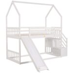 Twin over Twin House Bunk Bed with Convertible Slide,Storage Staircase,White - imagine 11