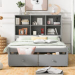 Full Size Platform Bed with Storage Headboard, Charging Station and 2 Drawers, Gray - imagine 2