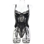 Black Lace Strap Bow Splicing PU Leather Sexy Fitted Jumpsuit Women - imagine 6