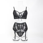 Lace Trim Sexy Women's Jacquard Sheer Lingerie Three-Piece Set - imagine 6