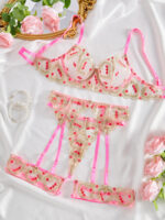 Sexy lingerie playful contrasting embroidery perspective fun garter belt leg ring four piece set - imagine 5