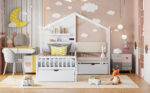 Twin Size House Bed with Upholstered Sofa, House Bed with Charging Station, Wireless Charging, Shelves and Two Drawers, White - imagine 25