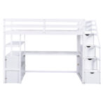 Twin Size Loft Bed with Desk and Shelves Two Built-in Drawers Storage Staircase White - imagine 9