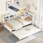 Wooden Twin Size DayBed with Twin Trundle, DayBed with Storage Shelf and USB Charging Ports,White - imagine 2