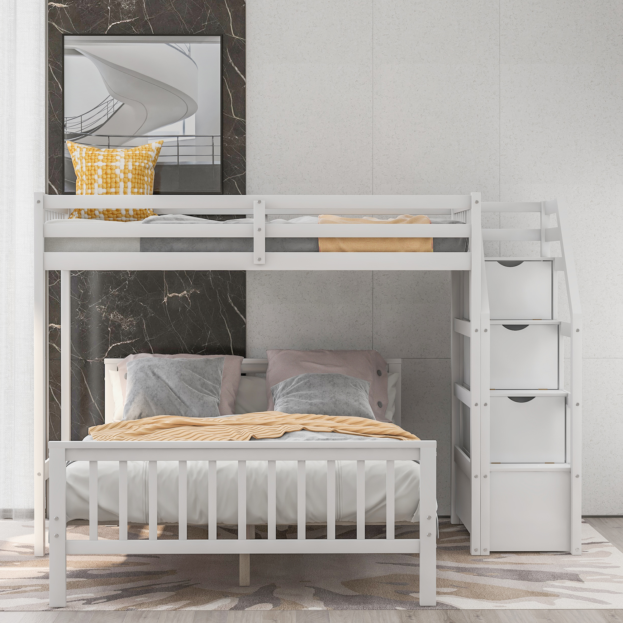 558112706 Twin over Full Loft Bed with Staircase,White - imagine 1