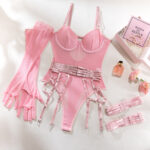 Sexy Sheer Mesh Bodysuit with Gloves and Bandage - Transparent Lingerie Set - imagine 6