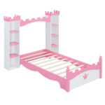 Castle-Shaped Wooden Bed with Storage Shelf, Dreamy Twin Size Platform Bed for Kids Bedroom, White + Pink - imagine 6