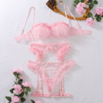 Ear fungus edge mesh lace hollow perspective sexy lingerie four piece set - imagine 4