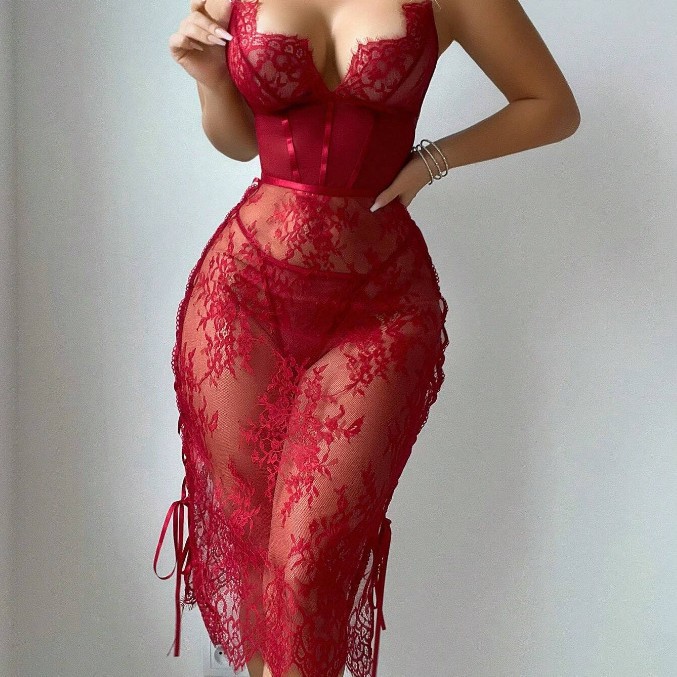 558094222 Lace Hollow-out Red Sexy Chest-exposing Bodycon Lingerie Dress - imagine 1