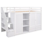 Functional Loft Bed with 3 Shelves, 2 Wardrobes and 2 Drawers, Ladder with Storage, No Box Spring Needed, White - imagine 16