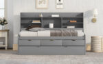 Twin Size Wooden Captain Bed with Built-in Bookshelves,Three Storage Drawers and Trundle Light Grey - imagine 17