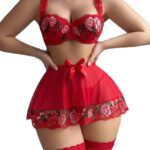 Red Embroidered Perspective Temptation Underwear Set Three Piece Set